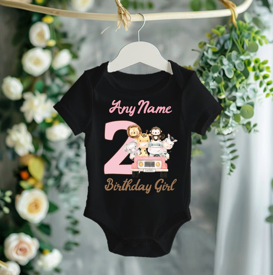 Safari Animals Wild One Pink Birthday Personalized Black Onesie or T Shirt - All Sizes